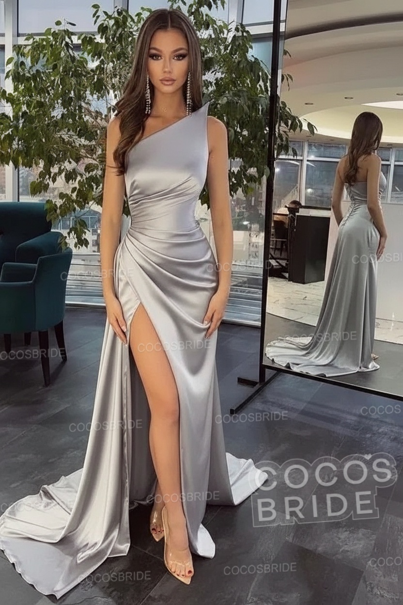 Elegant Black Long Mermaid One Shoulder Satin Prom Dress