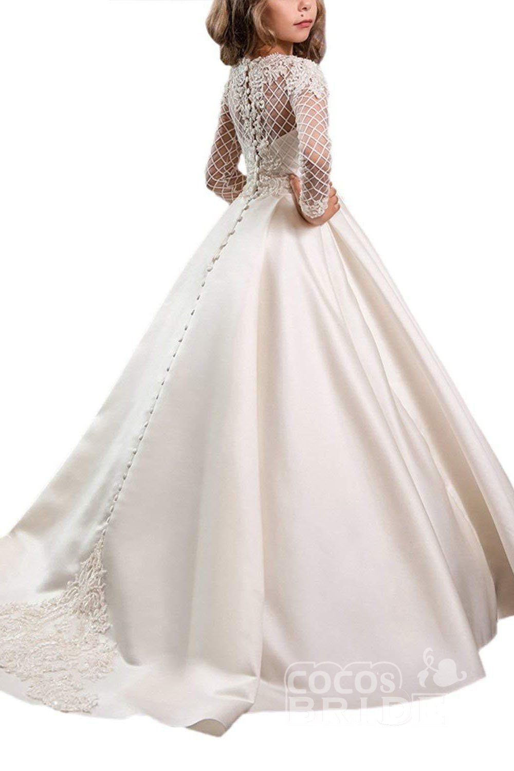 White Scoop Neck Long Sleeves Ball Gown Flower Girls Dress