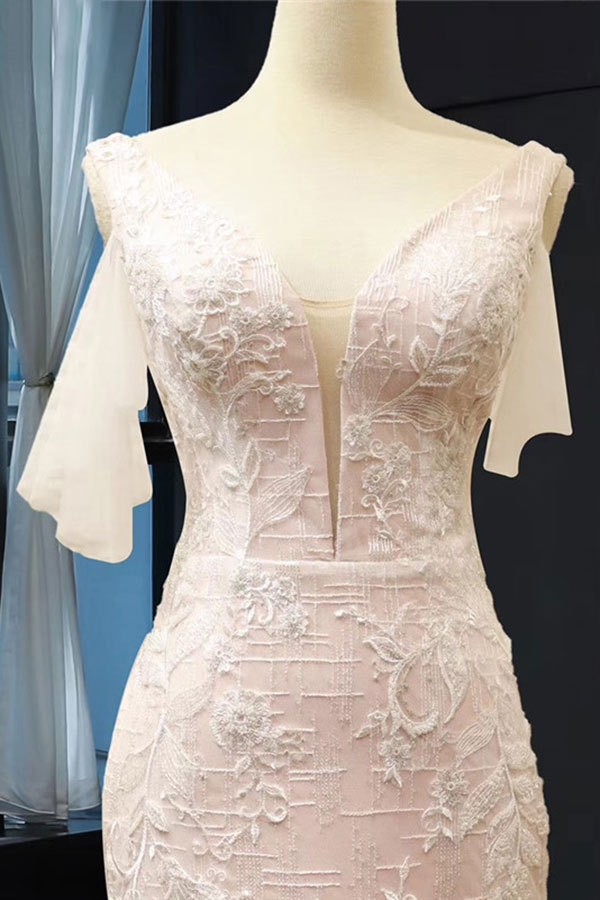 Long V-Neck Short Sleeve Appliques Mermaid Wedding Dress