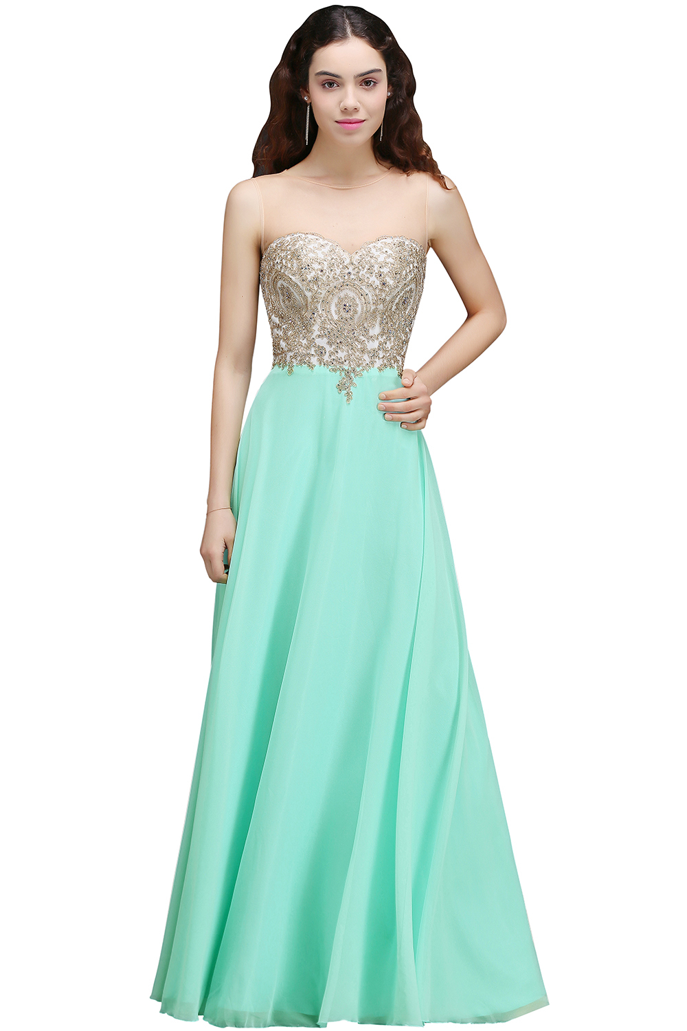 A-line Scoop Dark Navy Chiffon Evening Dresses with Appliques