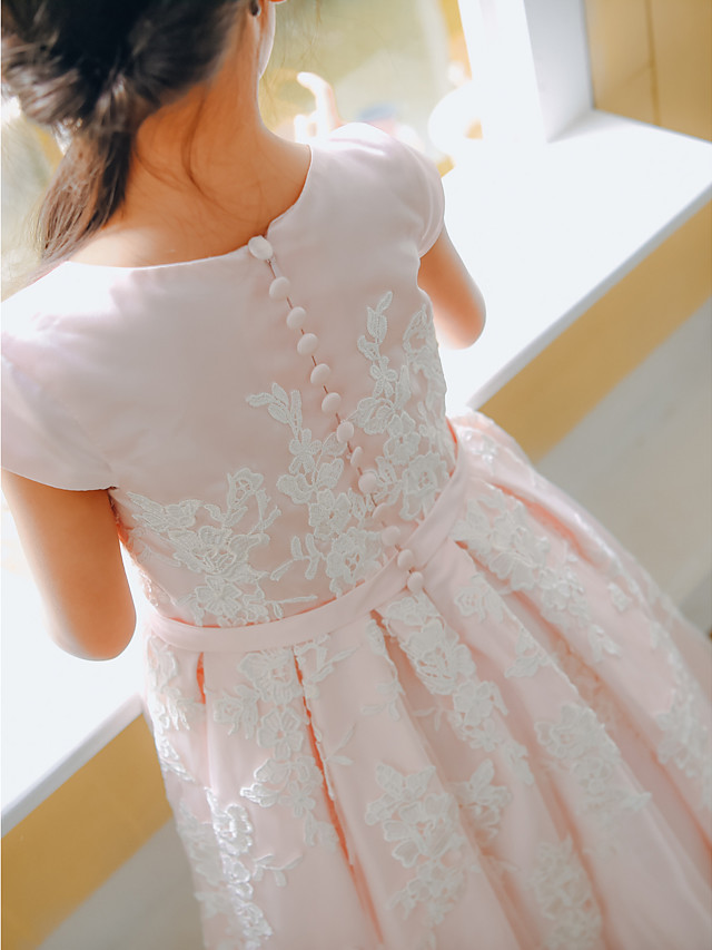 Ball Gown Tea Length Wedding / Birthday / Pageant Flower Girl Dresses - Lace / Satin Cap Sleeve Jewel Neck With Belt / Buttons / Appliques