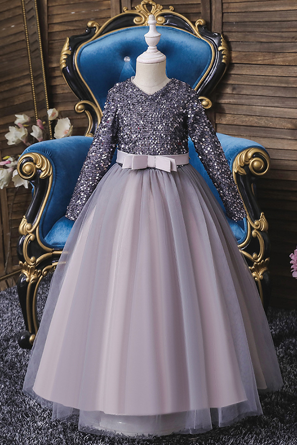 FS9973 Long Sleeve Sequins Burgundy Flower Girl Dress
