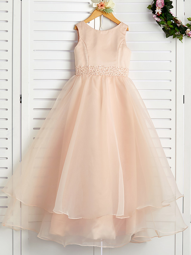 A-Line Jewel Neck Ankle Length Organza / Satin Junior Bridesmaid Dress With Beading / Tier