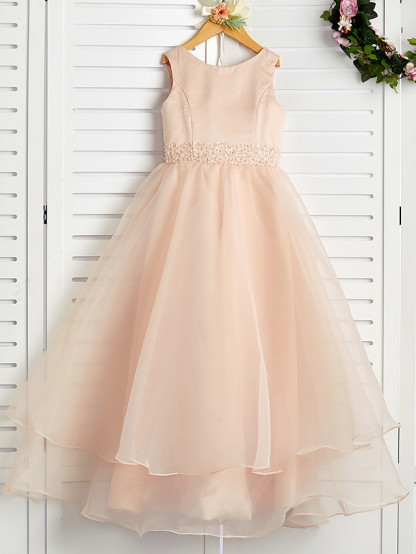 A-Line Jewel Neck Ankle Length Organza / Satin Junior Bridesmaid Dress With Beading / Tier
