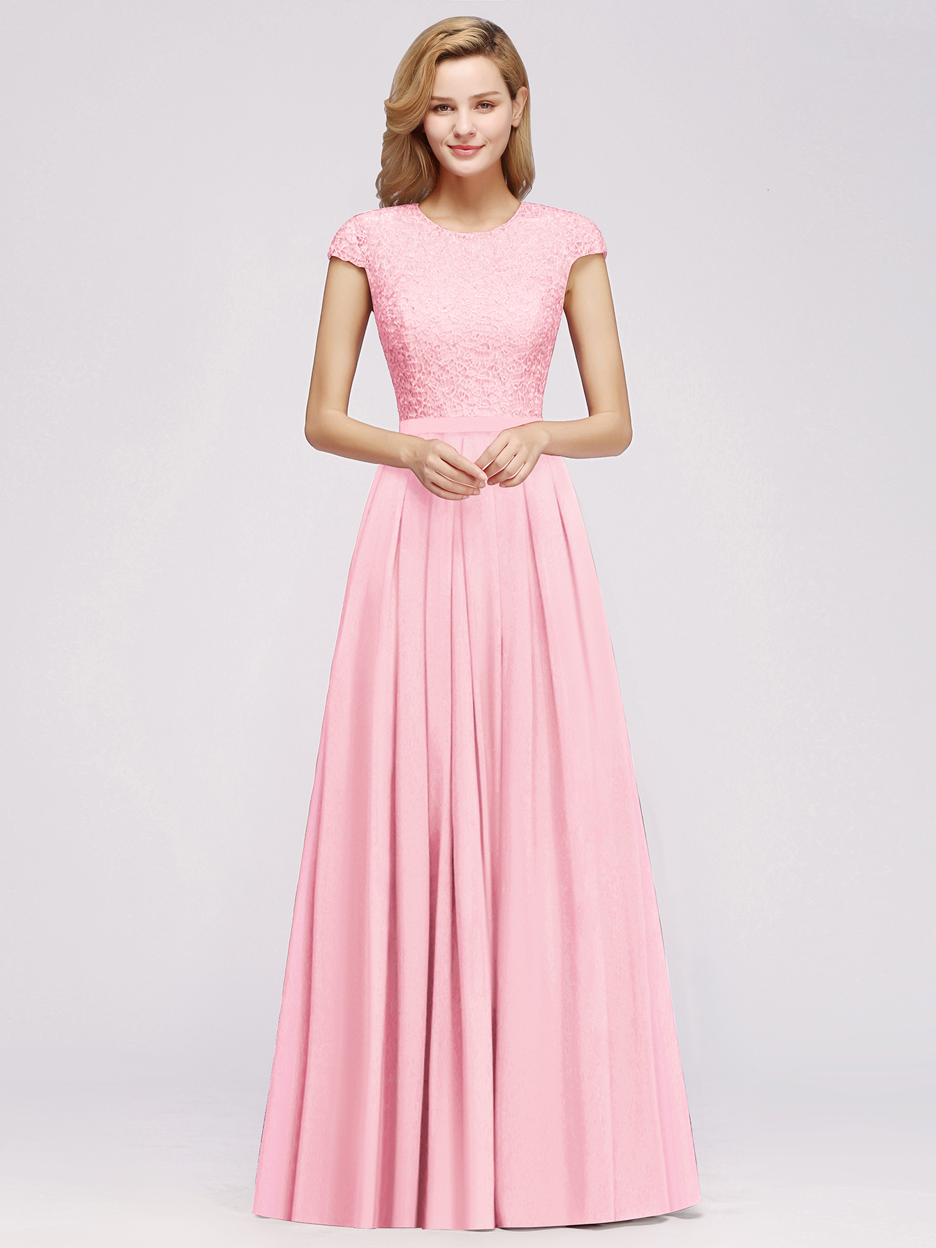 A-line Chiffon Crew Neck Capped Floor Length Bridesmaid Dress with Lace Hollowout