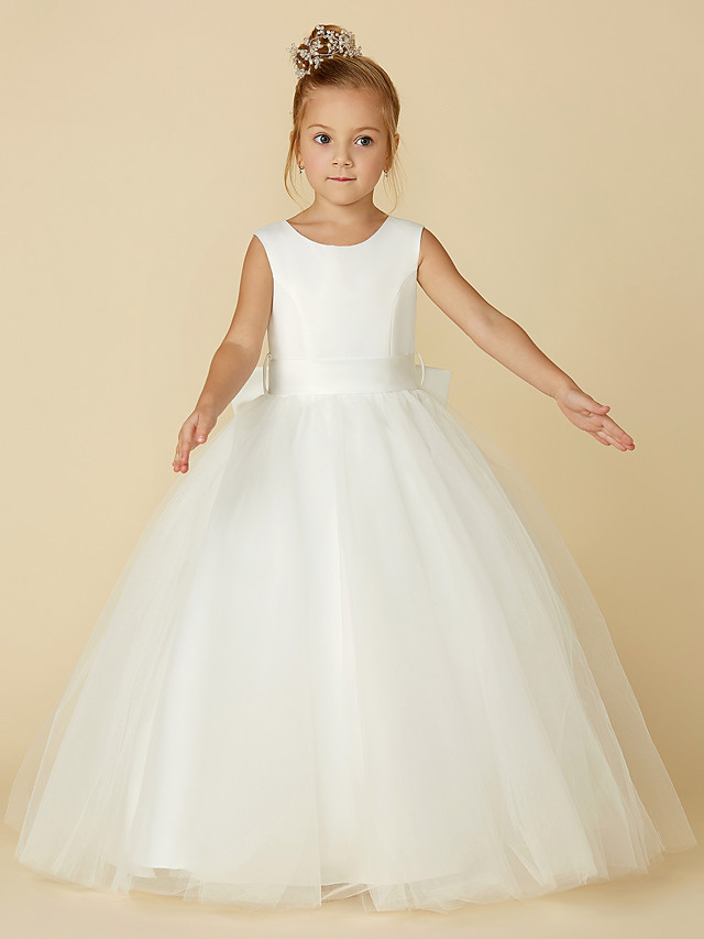 A-Line Floor Length Wedding / First Communion Flower Girl Dresses - Satin / Tulle Sleeveless Jewel Neck With Bow(S) / Buttons