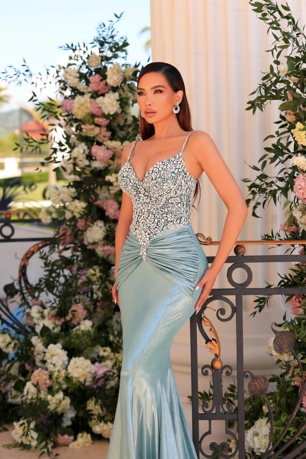 Spaghetti Straps Sweetheart Draped Satin Long Mermaid Prom Dress with Sequins
