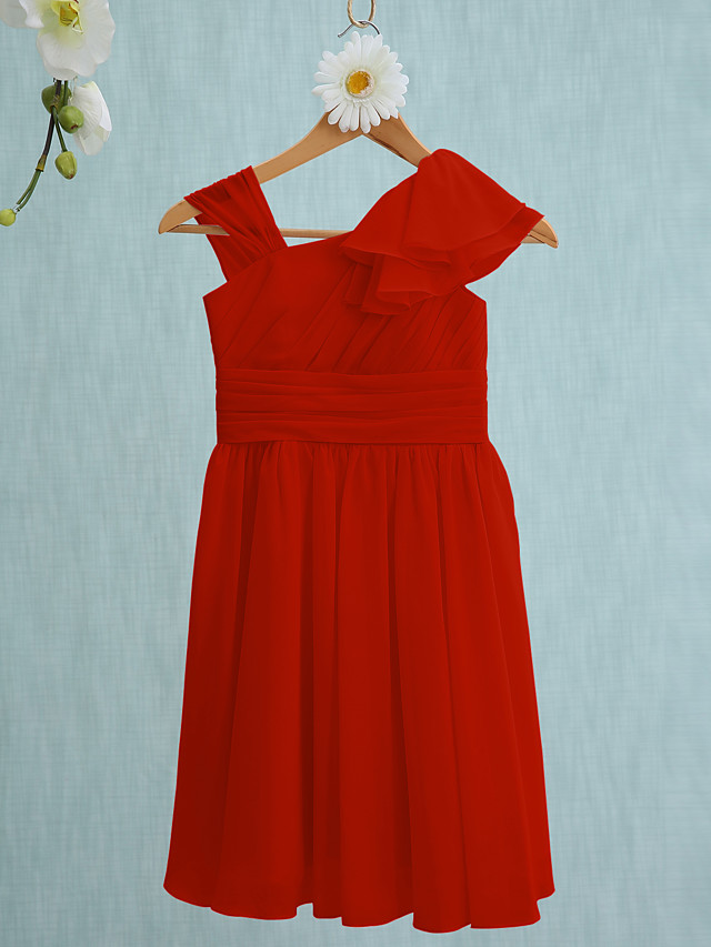 Sheath / Column Straps Knee Length Chiffon Junior Bridesmaid Dress With Ruffles / Side Draping / Natural