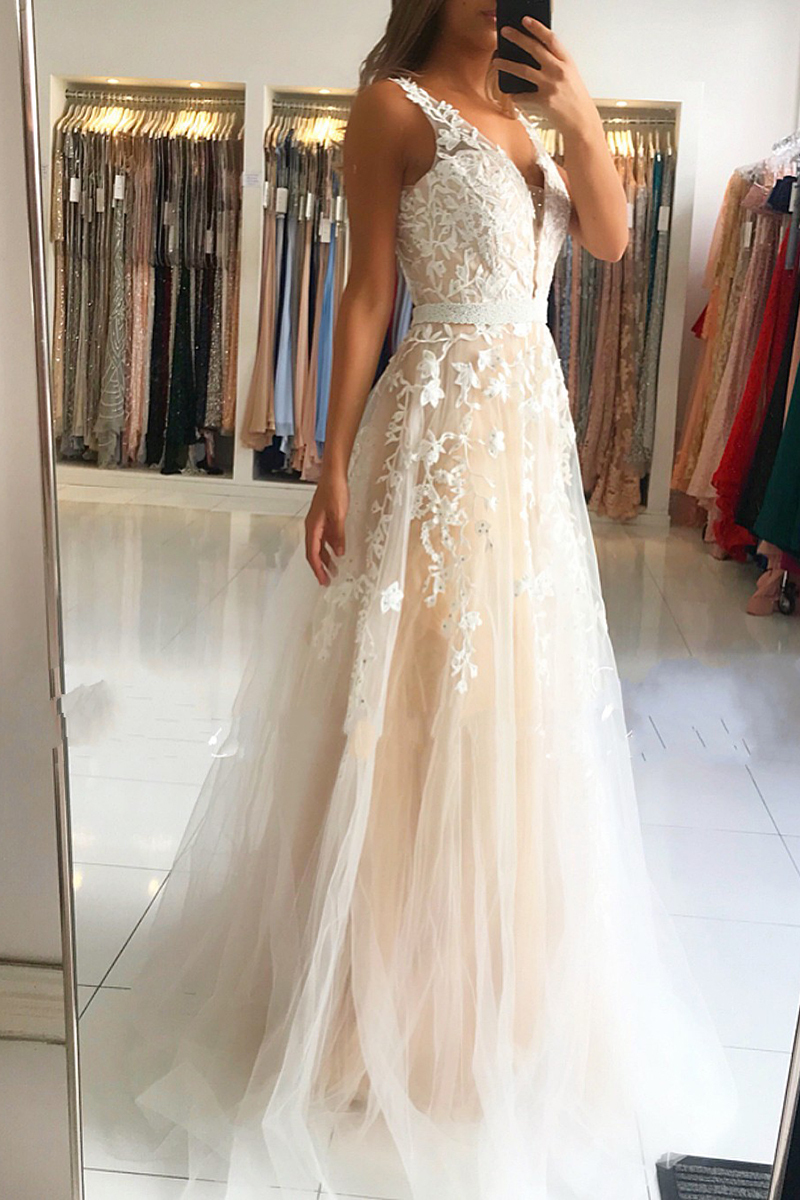Delicate V-neck Open Back Lace Floor-length A-Line Ruffles Prom Dress