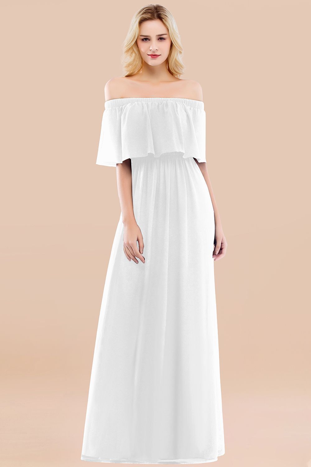 A-line Chiffon Off-the-Shoulder Short-Sleeves Ruffles Floor-length Bridesmaid Dress