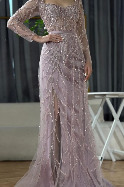 Long Sleeve Pink Sequined Mermaid Slit Prom Dress Detachable Tulle
