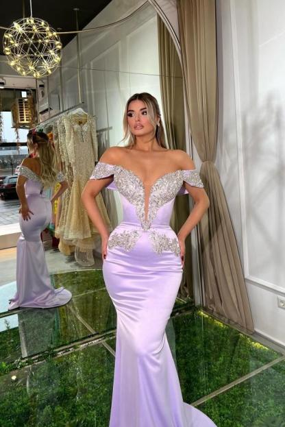 Long Off the Shoulder Mermaid Satin Beads Prom Dresses