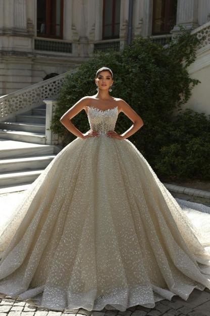 Strapless Ball Gown Backless Long Appliques Tulle Wedding Dress with Beads