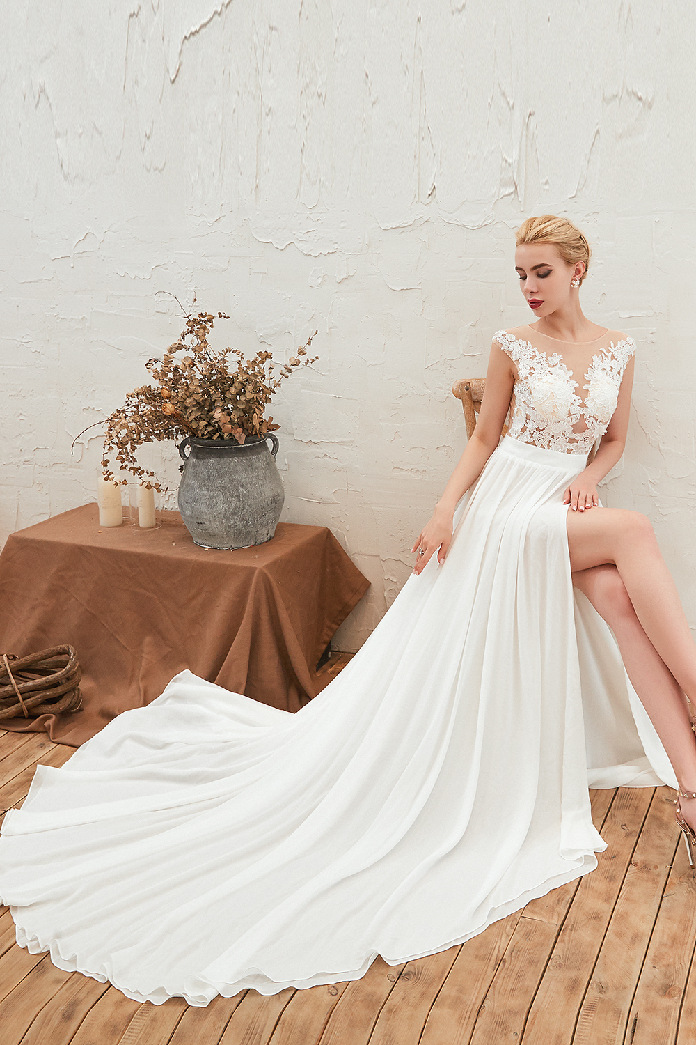 Long Tulle High Slit Appliques Lace Chiffon A-line Wedding Dress