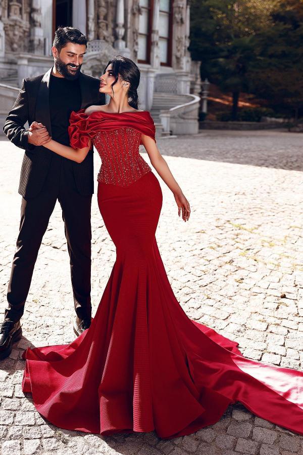 Burgundy Long Mermaid Off the Shoulder Satin Beaded Formal Prom Dresses