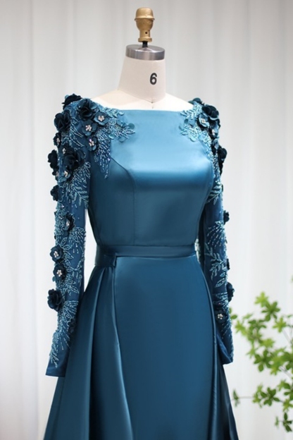Long Sleeves Mermaid Satin 3D Flower Beadings Formal Prom Dresses with Sweep Train