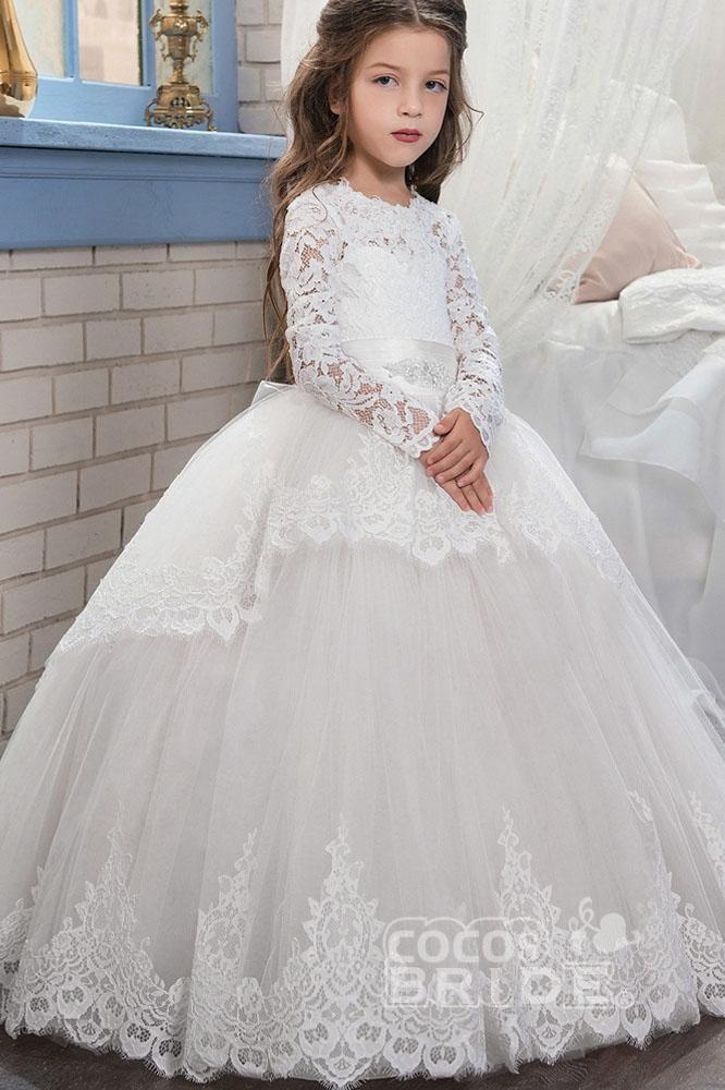 Purple Scoop Neck Long Sleeves Ball Gown Flower Girls Dress