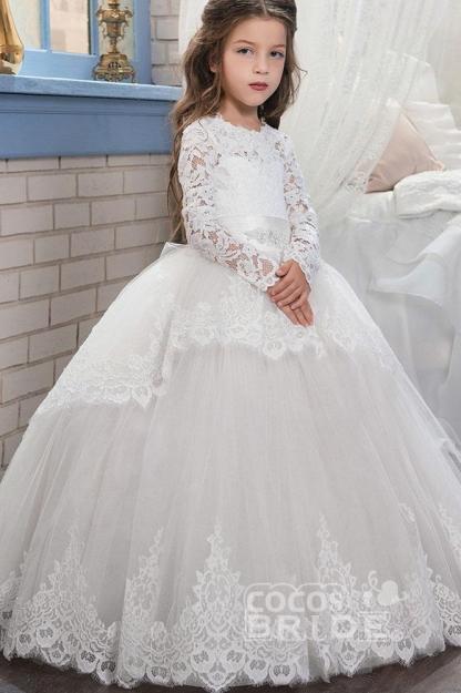 Purple Scoop Neck Long Sleeves Ball Gown Flower Girls Dress