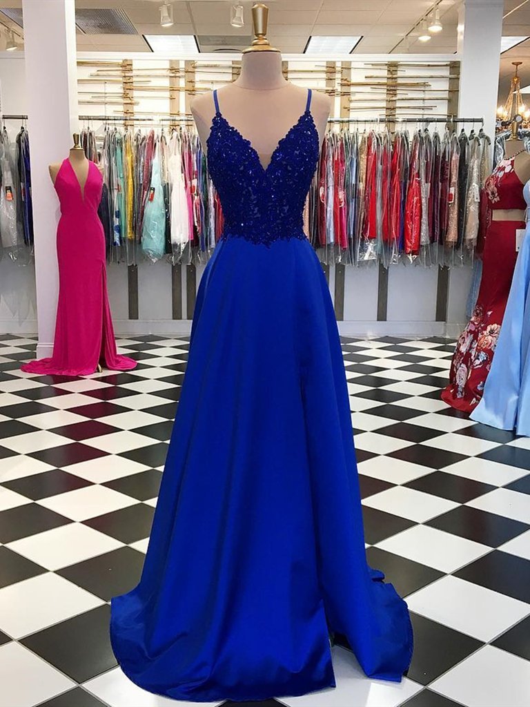 Exquisite Blue Sequins Spaghetti Straps V-neck A-Line Prom Dresses