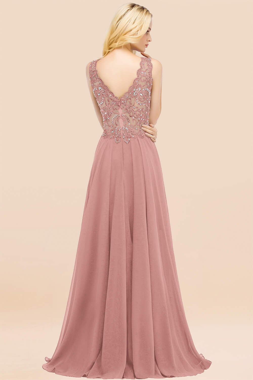 BM0324 Dusty Rose Lace V-Neck Long Bridesmaid Dresses With Appliques