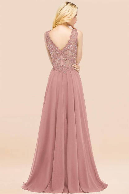 BM0324 Dusty Rose Lace V-Neck Long Bridesmaid Dresses With Appliques
