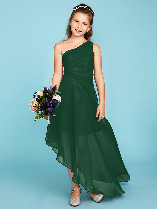 A-Line One Shoulder Asymmetrical Chiffon Junior Bridesmaid Dress With Side Draping / Wedding Party