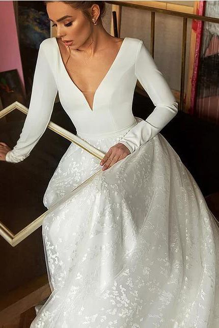 Long Sleeve V-neck Satin Backless Lace A-line Wedding Dress