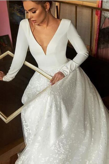 Long Sleeve V-neck Satin Backless Lace A-line Wedding Dress