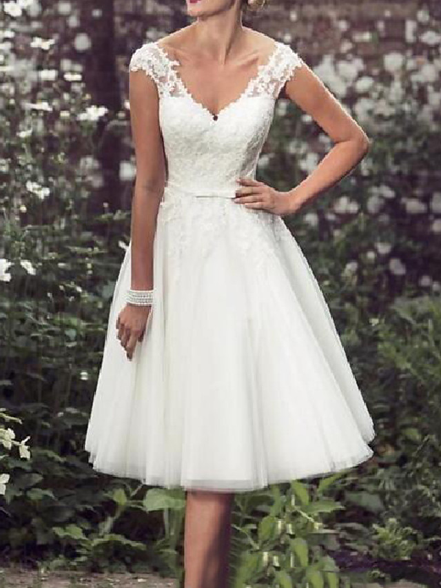 A-Line Wedding Dresses V Neck Tea Length Lace Tulle Cap Sleeve Vintage Plus Size