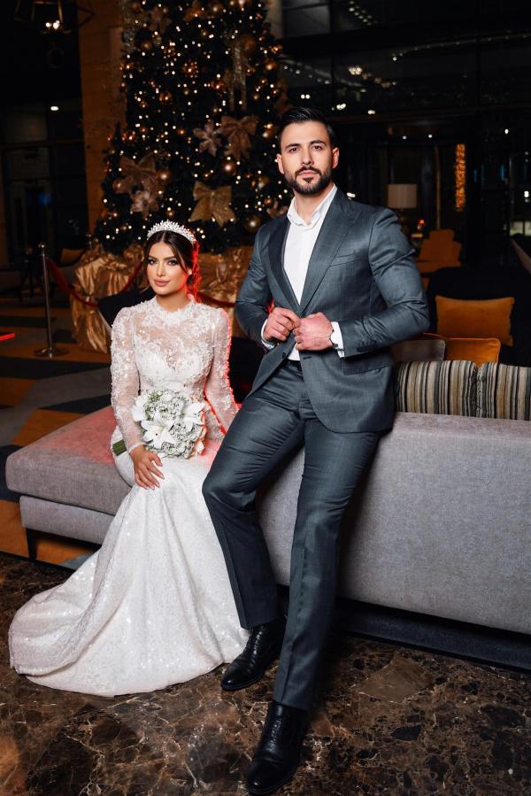 Charming Long Sleeves High Neck Satin Lace Mermaid Wedding Dresses with Chapel Train