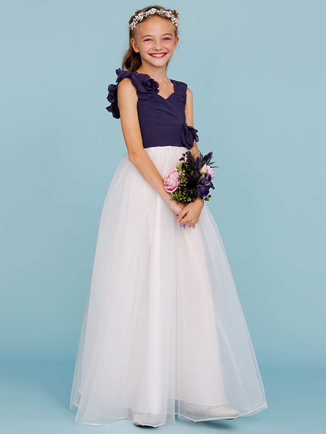 Princess / A-Line Straps Floor Length Chiffon / Tulle Junior Bridesmaid Dress With Criss Cross / Ruched / Flower / Color Block / Floral / Wedding Party