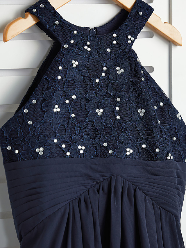 Long A-line Jewel Neck Chiffon Junior Bridesmaid Dress Dark Navy Wedding Party Dresses
