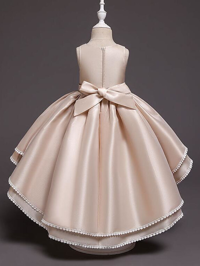 Princess Asymmetrical Wedding / Party / Pageant Flower Girl Dresses - Satin / Tulle Sleeveless Jewel Neck With Lace / Belt / Appliques