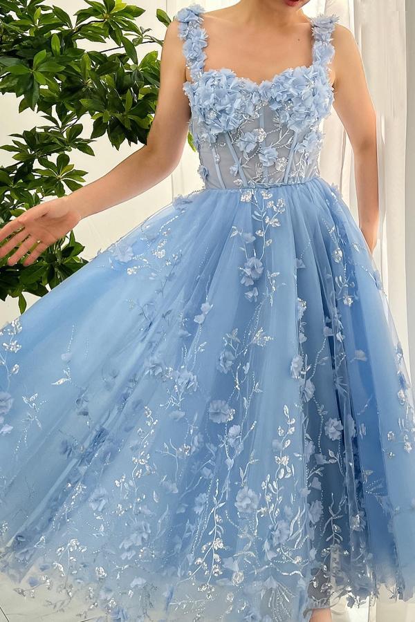 Elegant Sky-Blue A-Line Sweetheart Tulle Ankle-Length Prom Dresses with Flowers