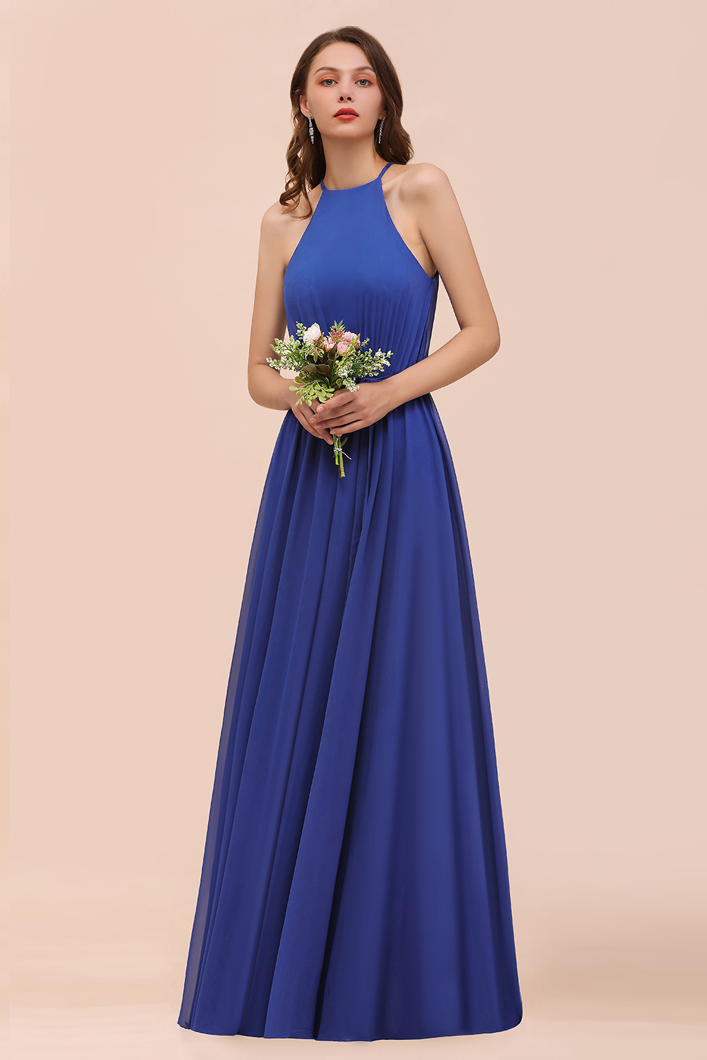 Royal Blue Halter Bridesmaid Dress A-Line Chiffon Floor-length Wedding Guest Dres