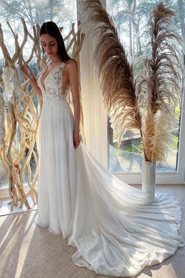 lace v neck backless wedding dress Chic Sheath/Column V neck See Through Wedding Dresses Lace Bridal Gowns  CBD387