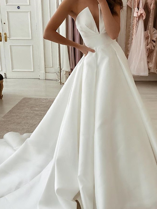 White Long A-line V-neck Satin Sleeveless Wedding Dresses