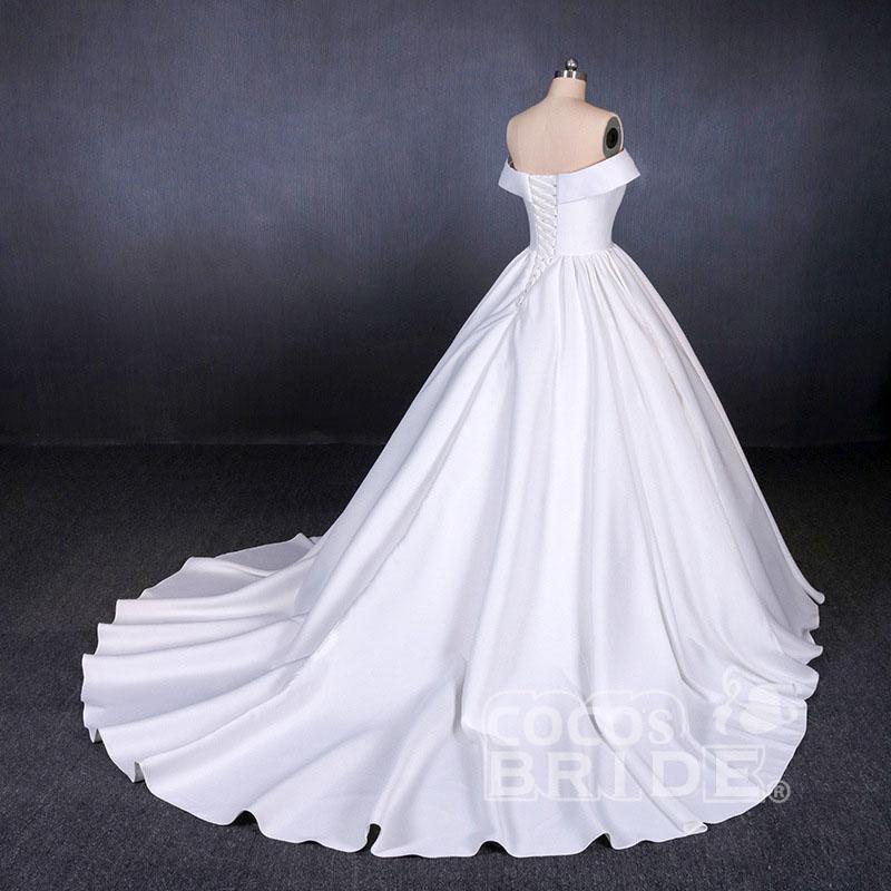 Elegant Off the Shoulder Satin Ball Gown Long Train Wedding Dress