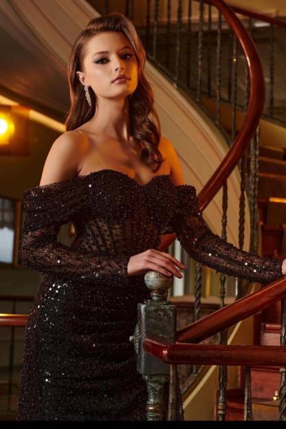 Unique Long A-Line Off-the-Shoulder Tulle Front Split Long Sleeves Prom Dress with Beading