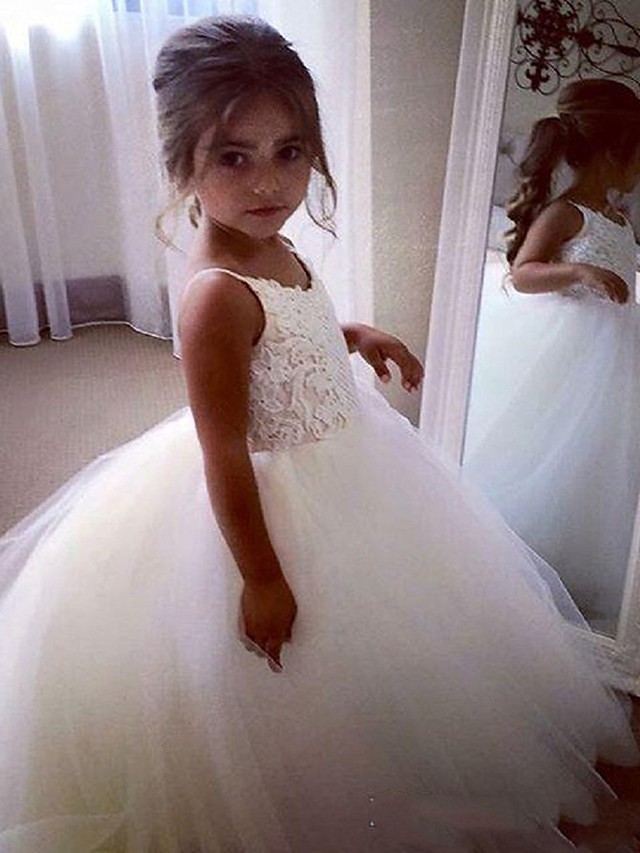 Princess Long Length Wedding / Birthday / Pageant Flower Girl Dresses - Tulle / Cotton Sleeveless Jewel Neck With Lace / Appliques
