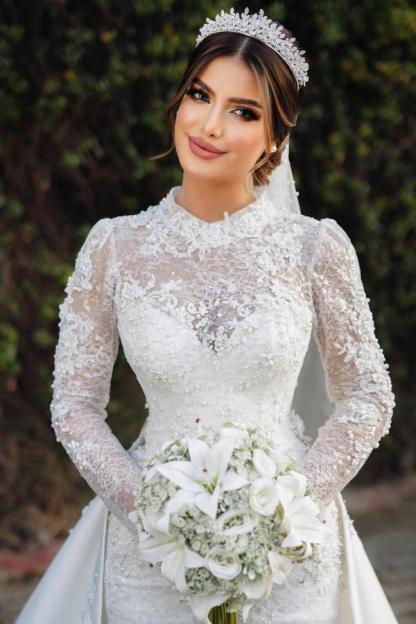Charming Long Sleeves High Neck Satin Lace Mermaid Wedding Dresses with Chapel Train