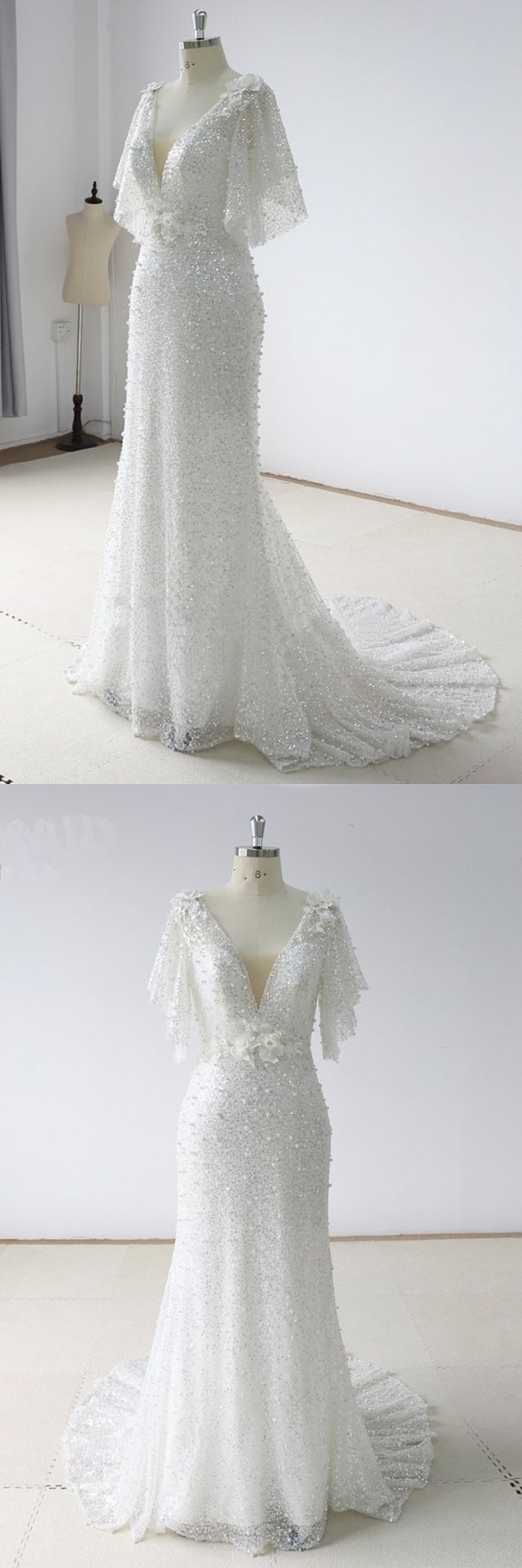Stunning Sequins White Tulle Sweep Train Mermaid Short Sleeve Wedding Dress