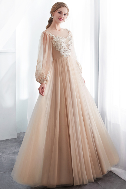 Champagne A-line Long Sleeves Appliques Tulle Evening Dresses
