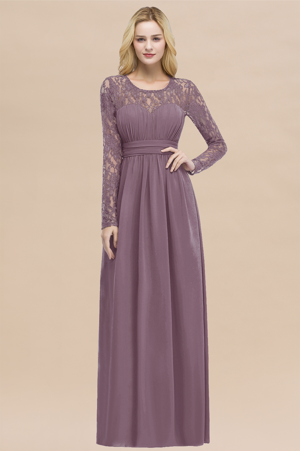 Elegant A-Line Chiffon Jewel Long Sleeves Ruffles Floor-Length Bridesmaid Dresses