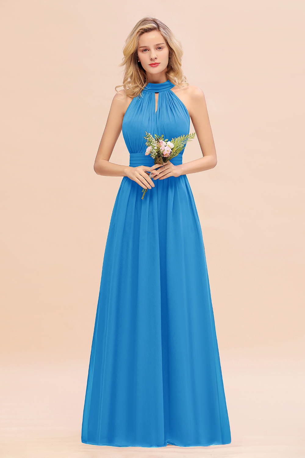 BM0758 Glamorous High-Neck Halter Bridesmaid Affordable Dresses with Ruffle