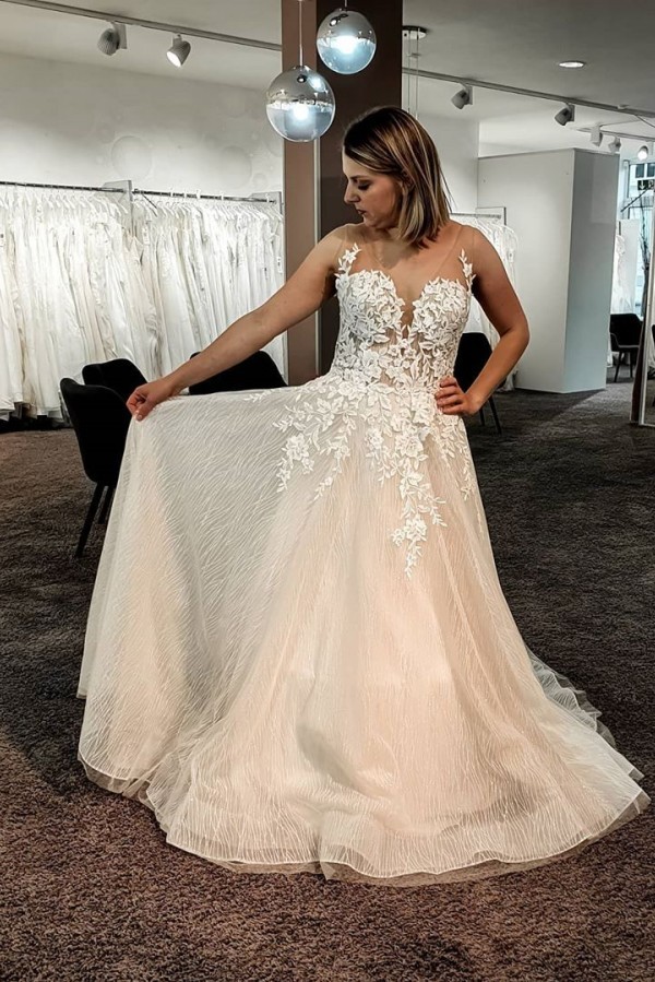 Gorgeous Long A-line V-neck Tulle Lace Floor-length Backless Wedding Dress