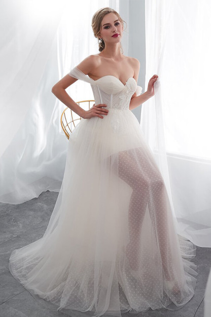 Long Sweetheart Lace-up Tulle Off the Shoulder A-line Wedding Dress