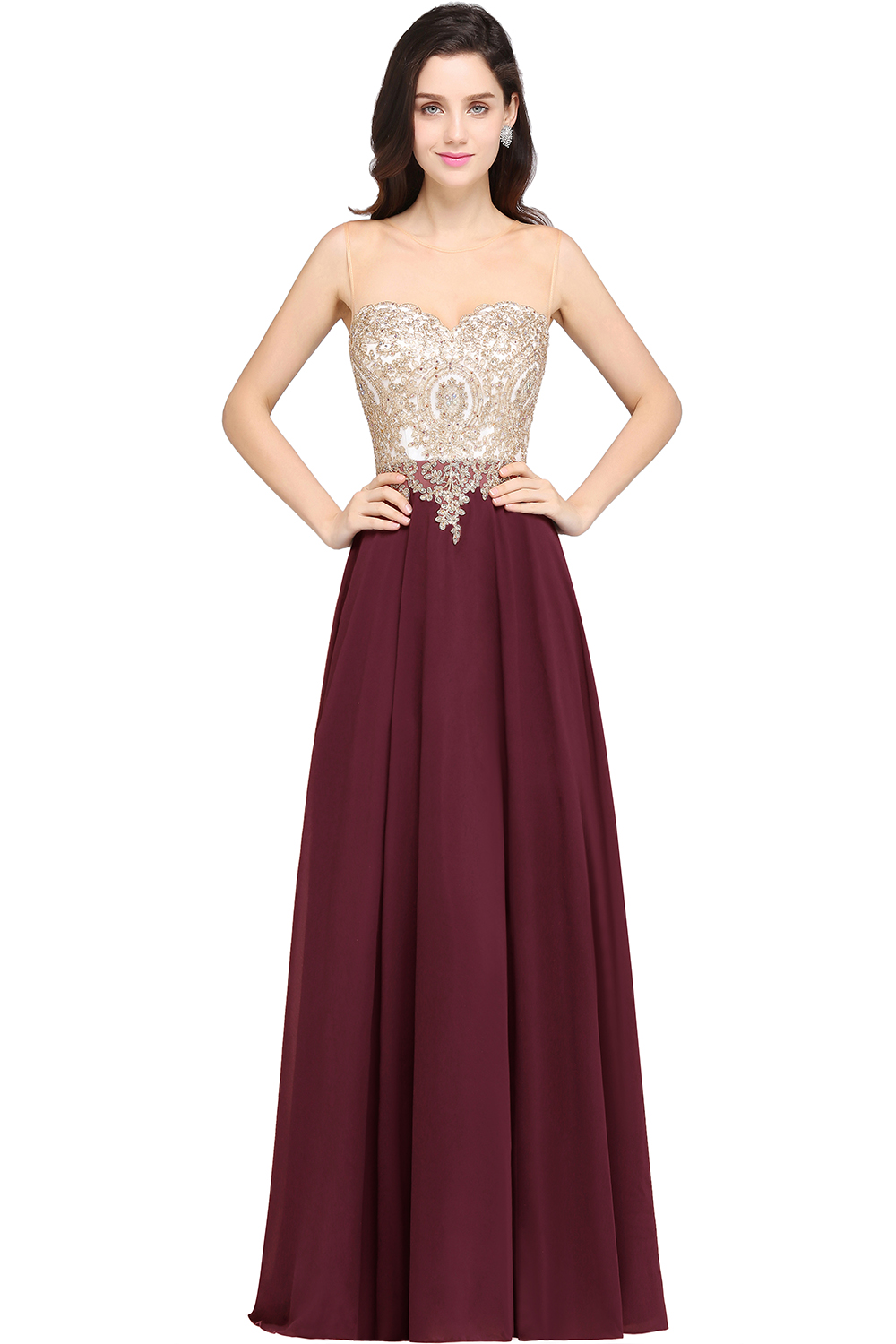 A-line Scoop Dark Navy Chiffon Evening Dresses with Appliques