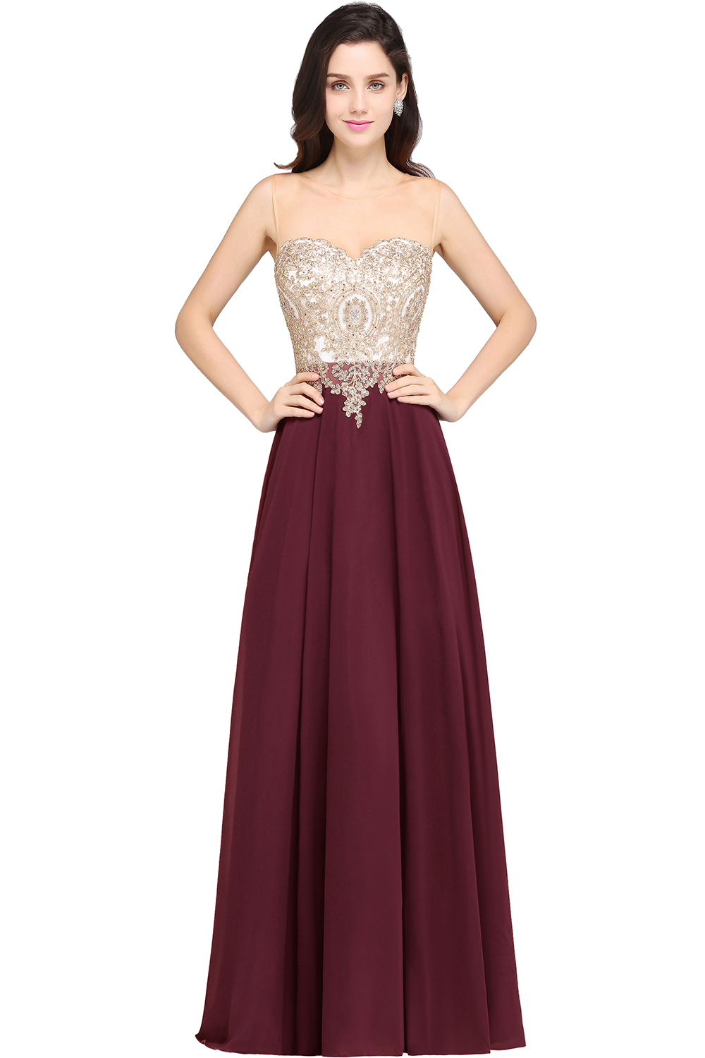 A-line Scoop Dark Navy Chiffon Evening Dresses with Appliques