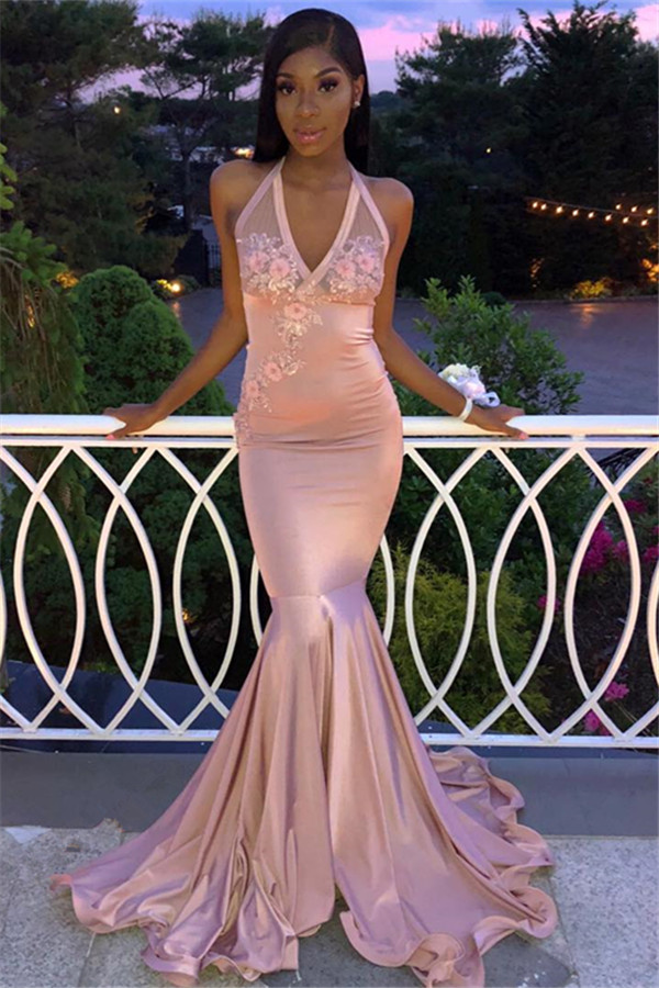 Long Mermaid Halter Satin Appliques Lace Formal Prom Dress